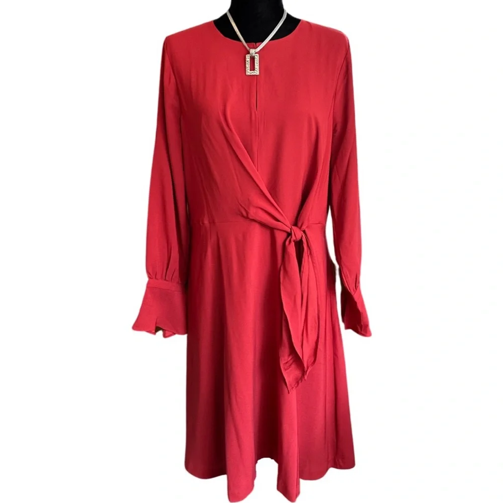 NWT ANN TAYLOR Keyhole Tie Front Flare Dress | Zesty Red - Picture 4 of 9
